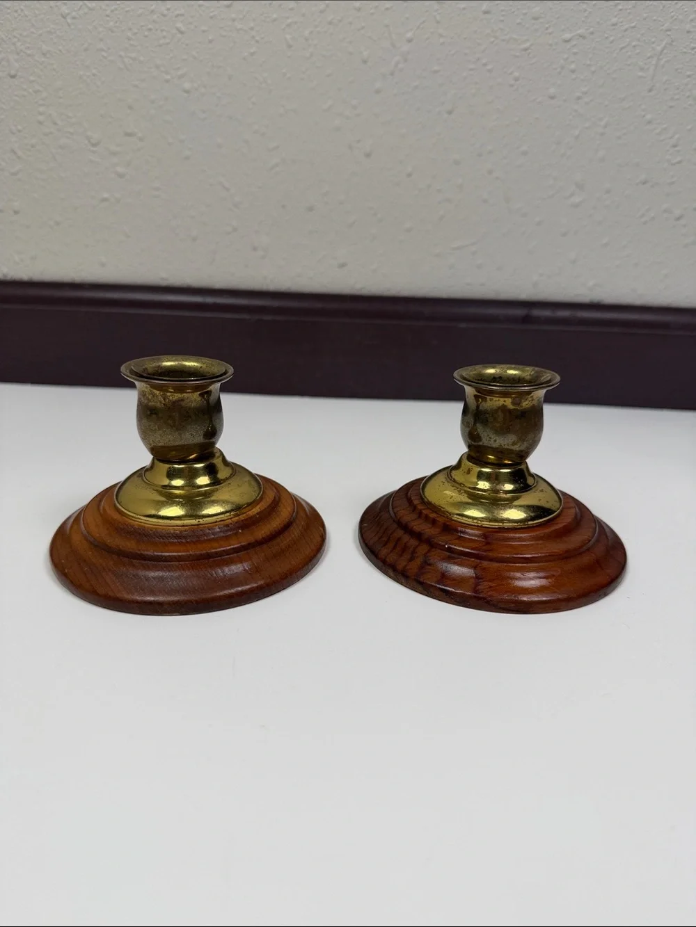 Vintage Brass & Wood Candlestick Holders Set of 2 Rustic Farmhouse Cottagecore
